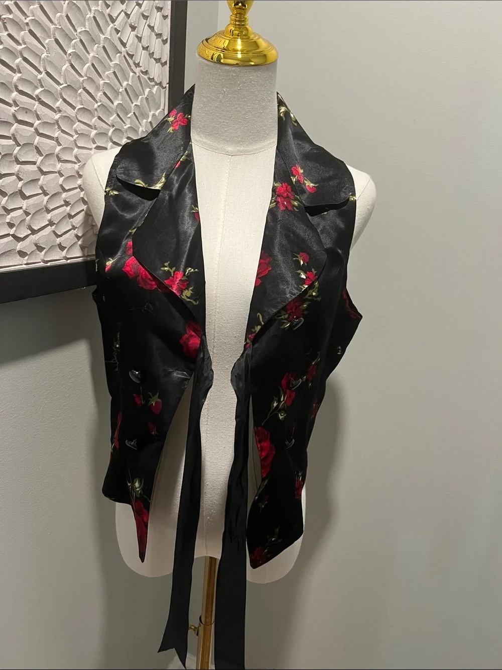 Black Satin Floral Tie-Front Vest with Red Roses